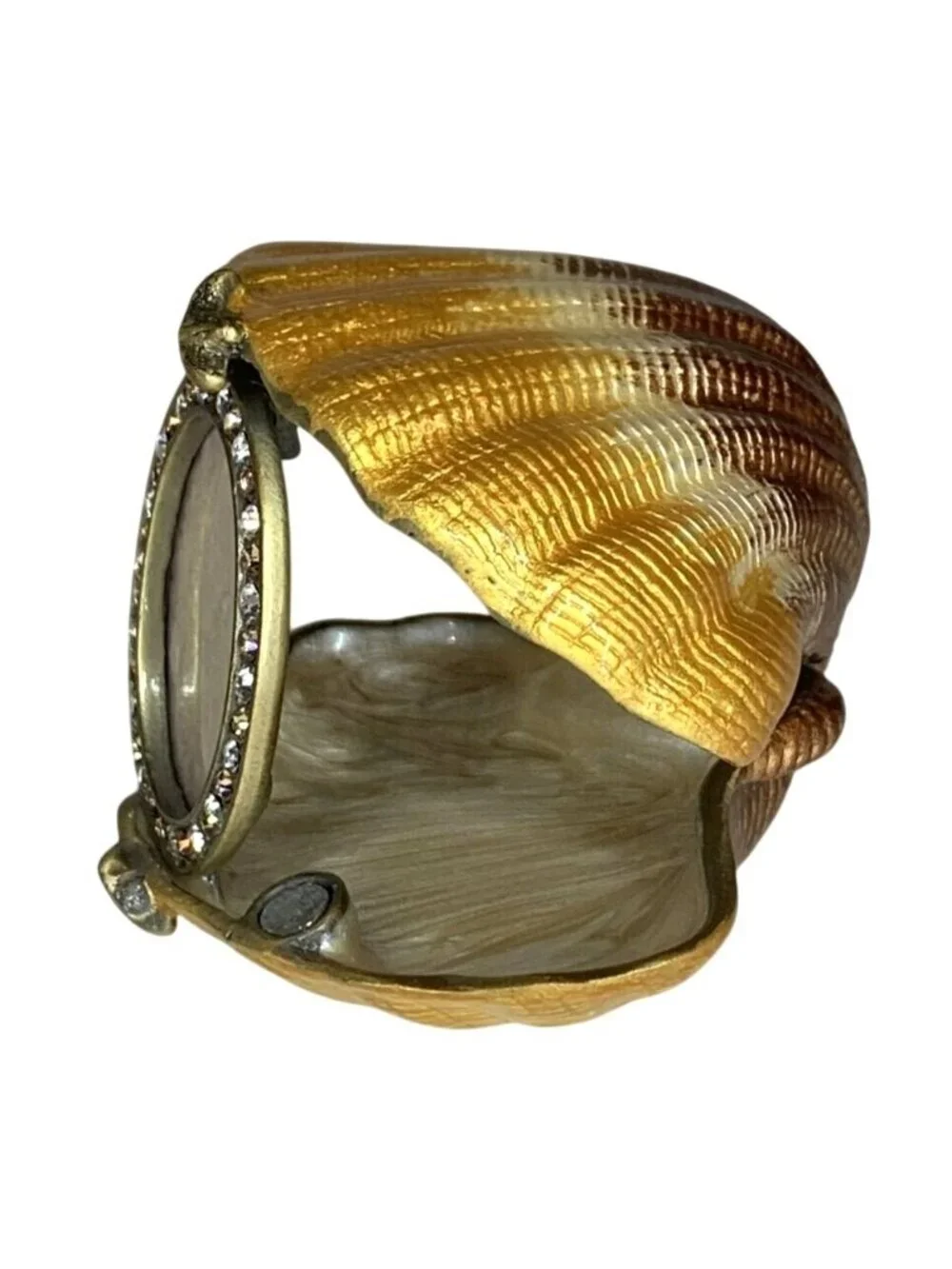 Decorative Clam Seashell Trinket Box w/ Jeweled Rhinestone-Accented Oval Frame